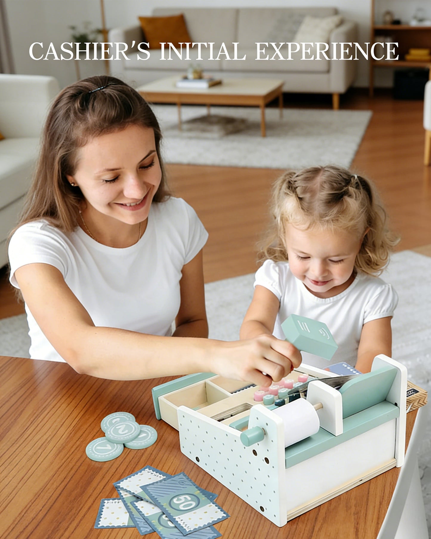 Jessruly® Wooden Cash Register Play Set – Pretend Checkout Counter with Scanner & Play Money, Educational Grocery Store Role-Play and Learning Toy