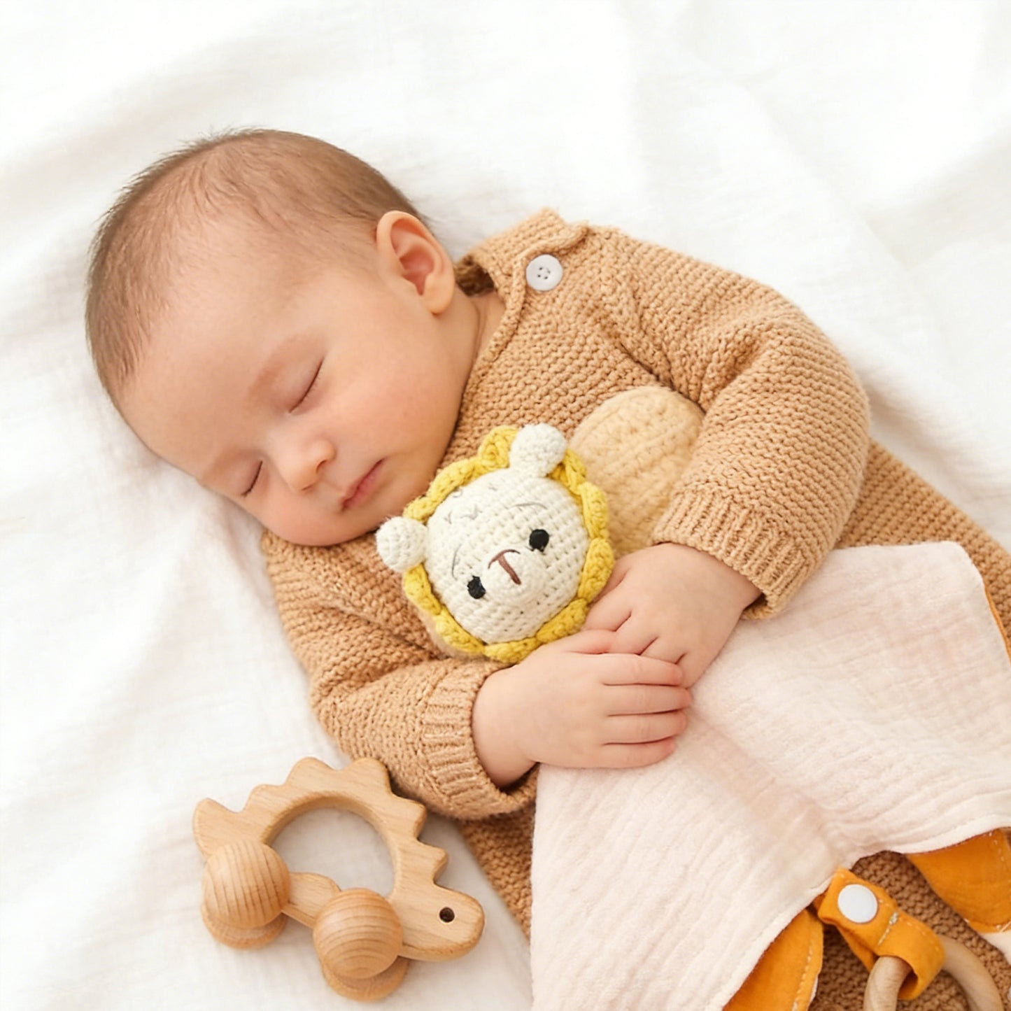 Bavoir à bavouiller et doudou sensoriel Jessruly® en coton biologique – Bavoir doux et absorbant avec animal au crochet et hochet doux, adorable compagnon de dentition et chiffon de jeu