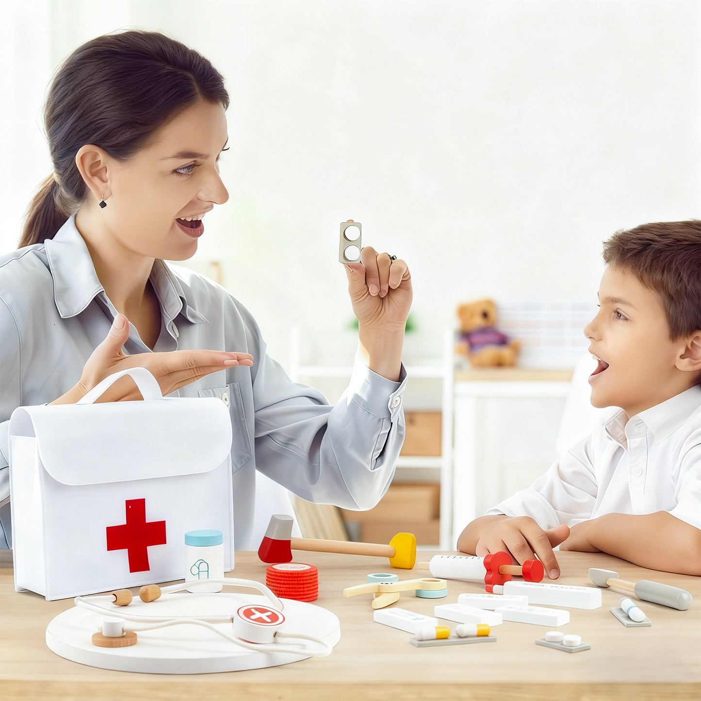 Jessruly® Kit de docteur en bois – Trousse médicale réaliste avec accessoires complets et sac de rangement, jeu de rôle amusant et éducatif