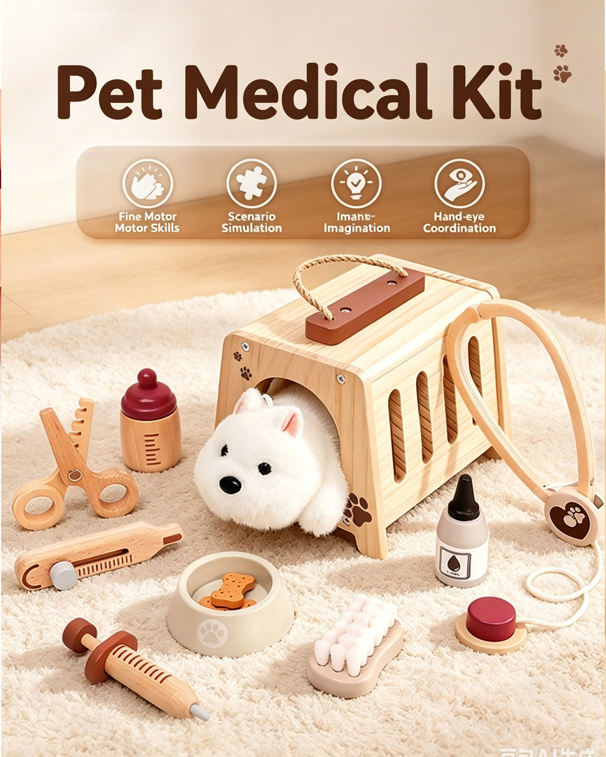 Jessruly® Pretend Play Vet Kit – Wooden & Plush Veterinary Set with Stethoscope