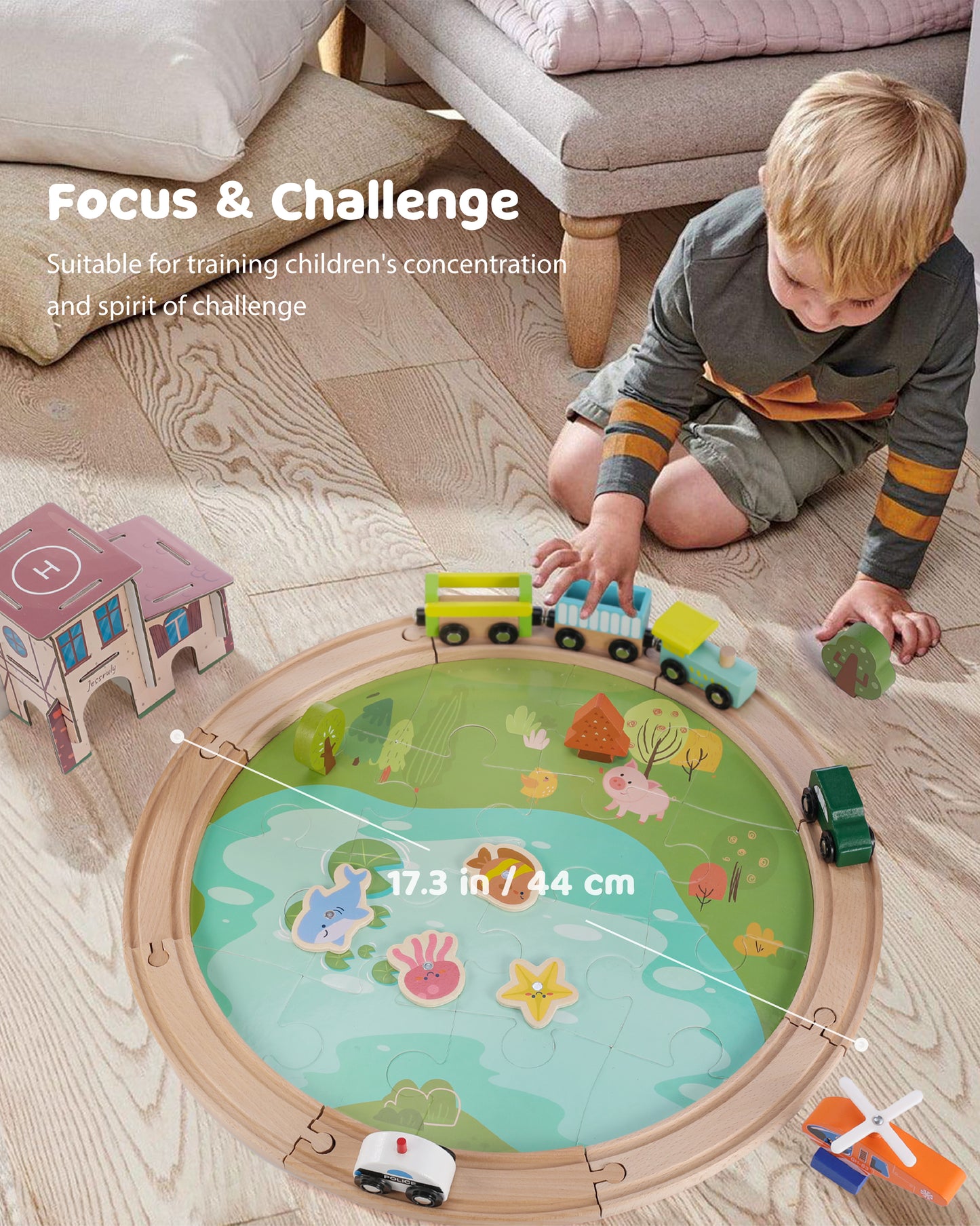 Jessruly® Wooden Train Track Set - 48-Piece Toy Train Tracks Compatible with Thomas, Brio, Melissa & Doug - Includes Fishing and Puzzles for Toddlers 3-8 - Educational for Fun Playtime