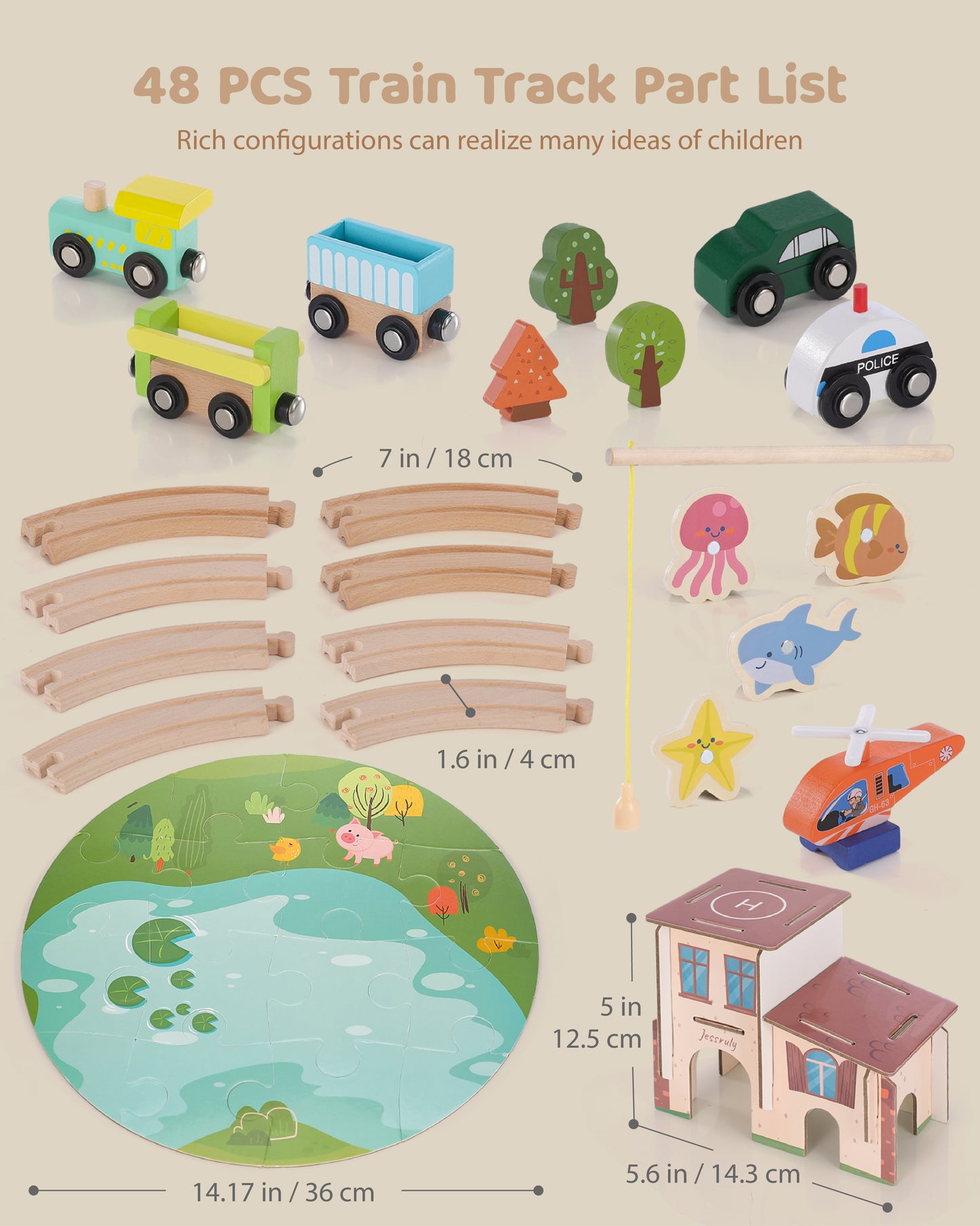 Jessruly® Wooden Train Track Set - 48-Piece Toy Train Tracks Compatible with Thomas, Brio, Melissa & Doug - Includes Fishing and Puzzles for Toddlers 3-8 - Educational for Fun Playtime