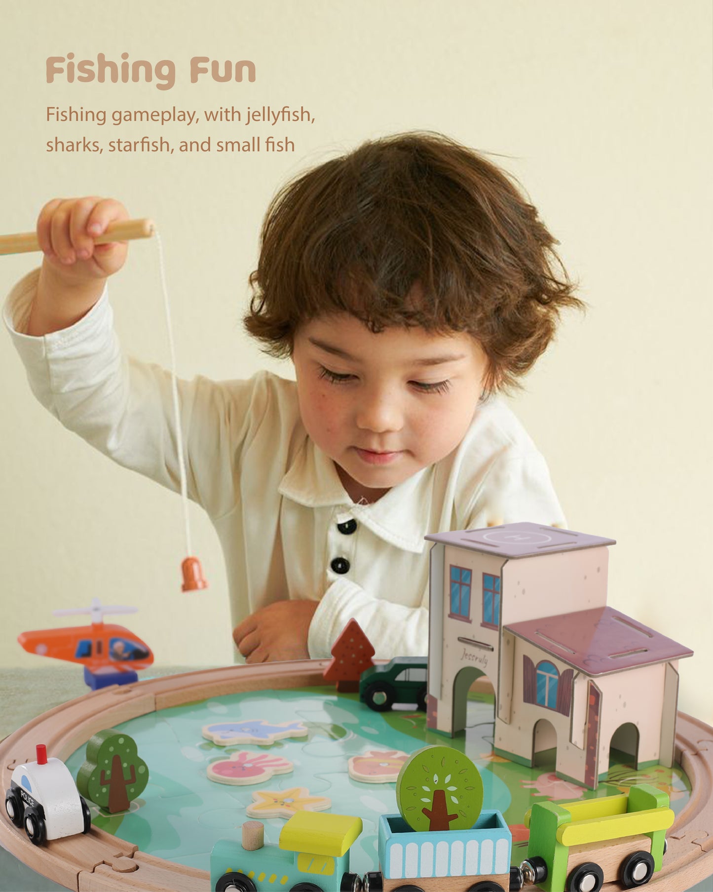 Jessruly® Wooden Train Track Set - 48-Piece Toy Train Tracks Compatible with Thomas, Brio, Melissa & Doug - Includes Fishing and Puzzles for Toddlers 3-8 - Educational for Fun Playtime