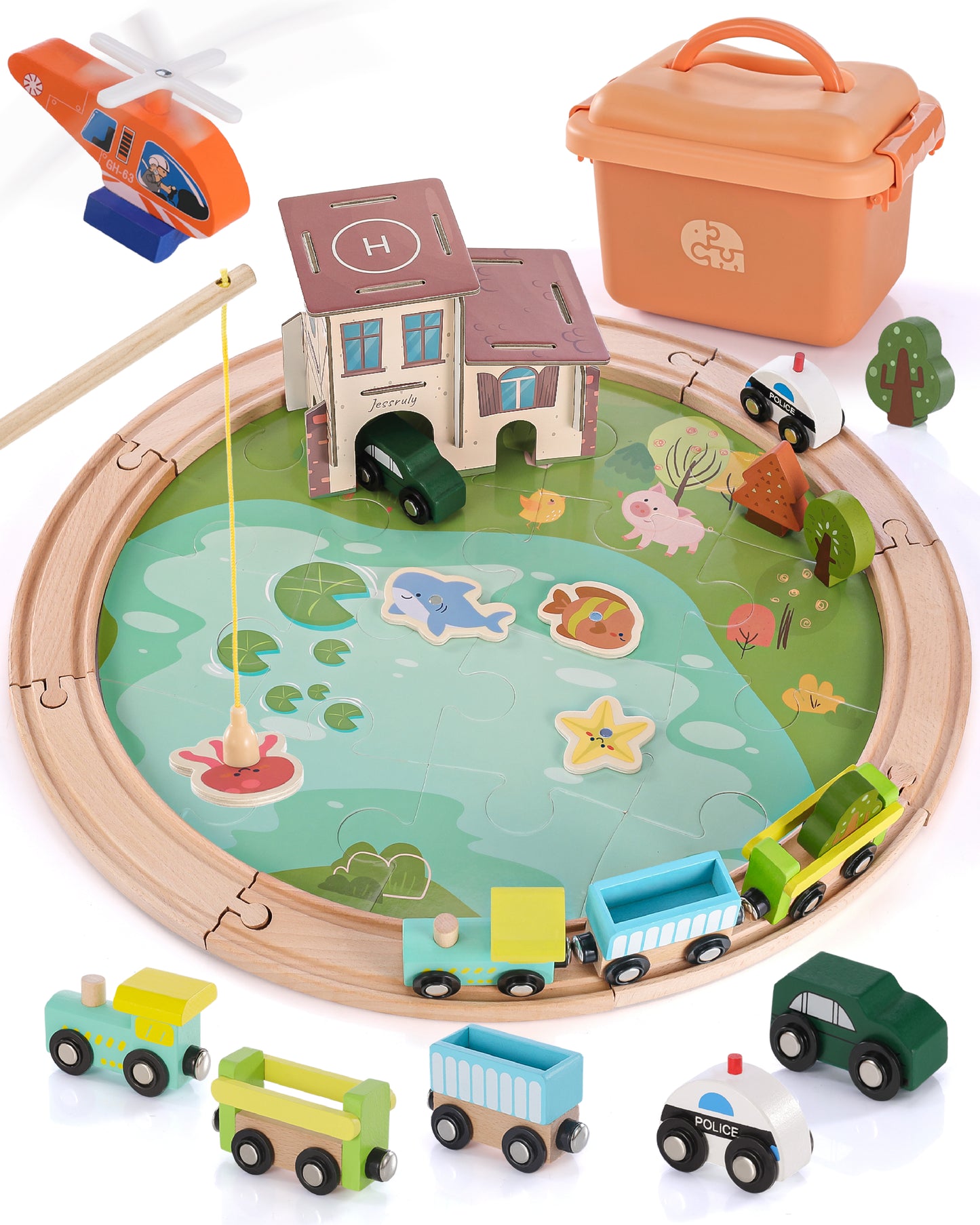 Jessruly® Wooden Train Track Set - 48-Piece Toy Train Tracks Compatible with Thomas, Brio, Melissa & Doug - Includes Fishing and Puzzles for Toddlers 3-8 - Educational for Fun Playtime